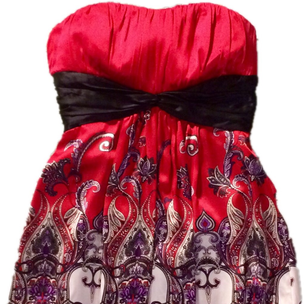 Bebe strapless red patterned silk top